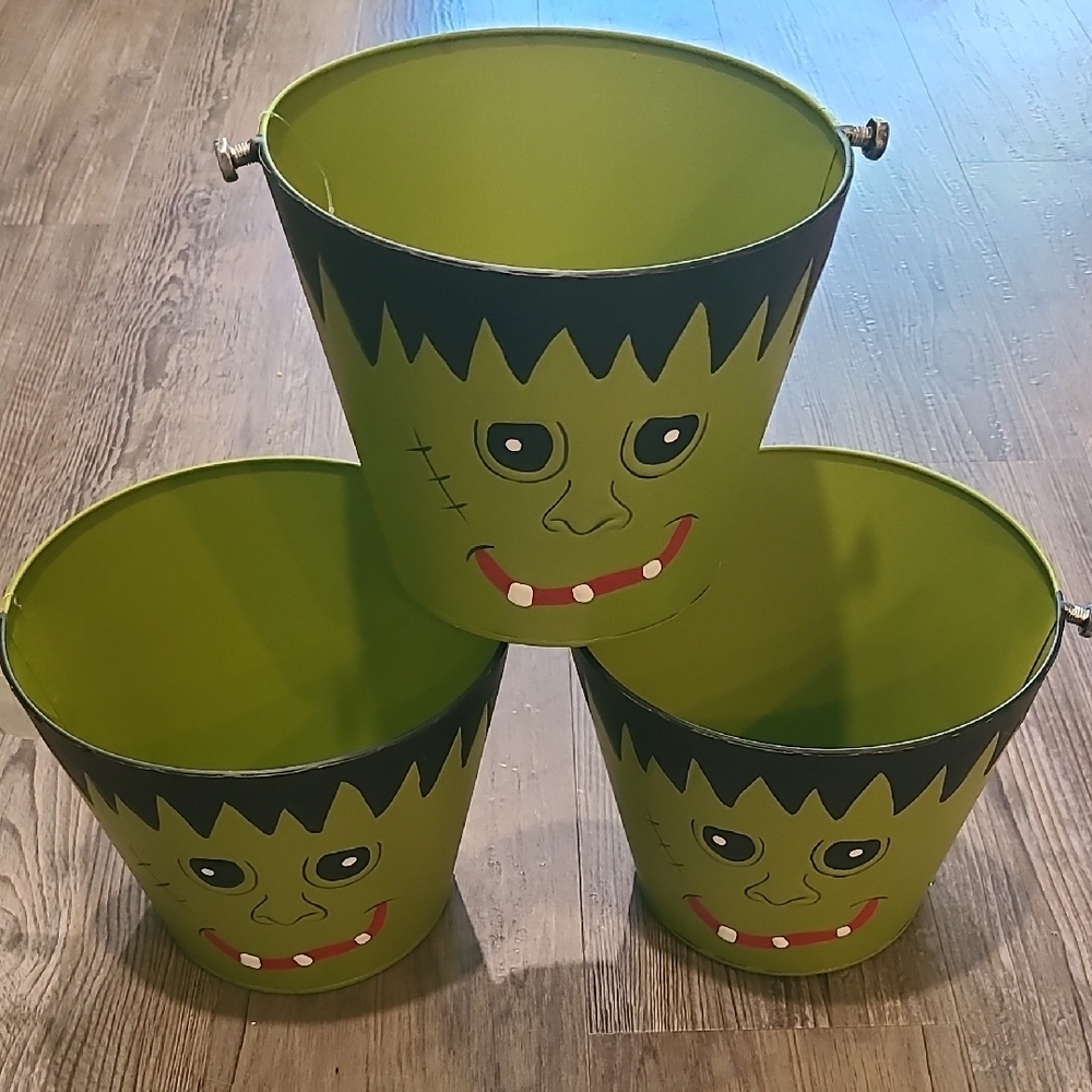 Set 3 of Green Frankenstein Halloween Buckets/Flower Pails